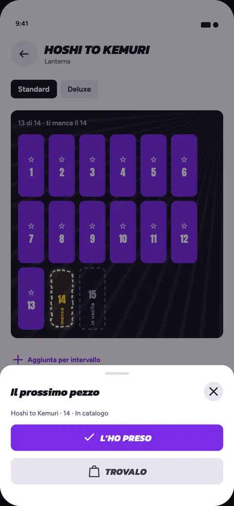 Schermata del volume che manca, con i pulsanti L’ho preso e Trovalo